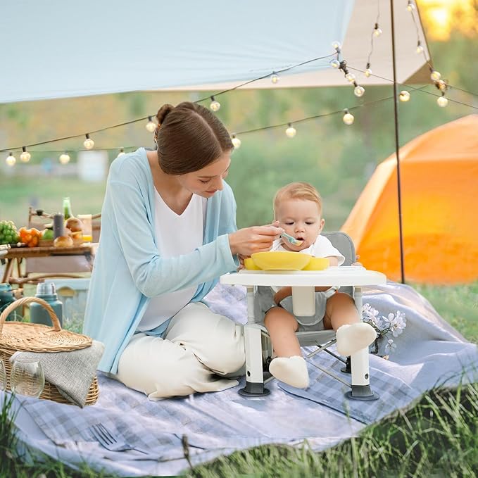 Baby Travel Booster Seat with Double Tray, BabyBond Upgraded Toddler Portable Baby Chair, Booster Seat for Dining Table, Stable and Foldable Booster Baby Chair for Indoor/Outdoor (Grey Lion)