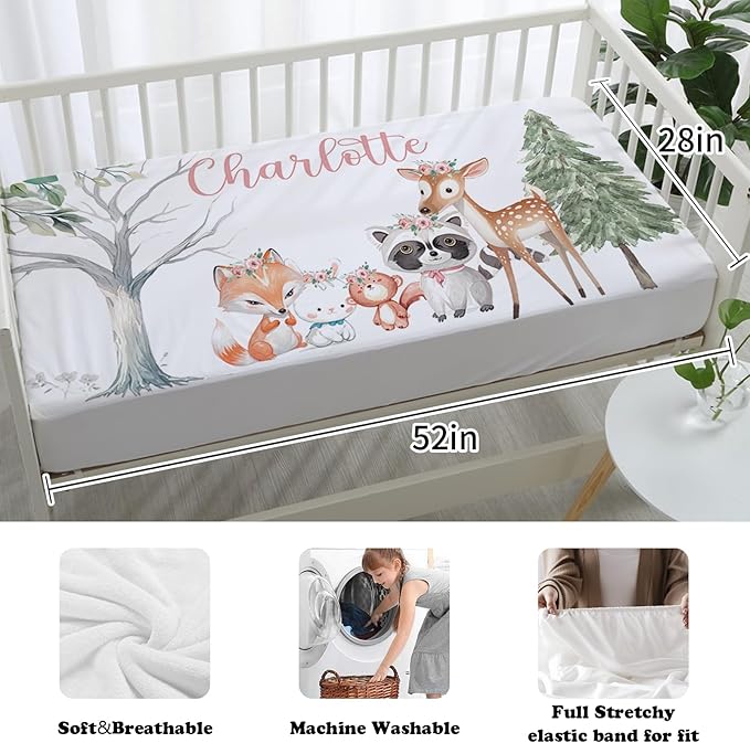 Custom Nursery Crib Bedding Set: Personalized Name 4 Piece Sika Deer & Fox Pattern Baby Crib Sets for Girls - Toddler Double Layer Blanket Set, Comfortable Crib Bed Sheets for Baby Toddlers