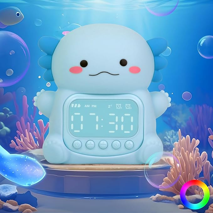 Axolotl Alarm Clock with Night Light for Kids, Rechargeable Silicone Lamp Time to Wake Clock Cute Animal Tabletop Lamp, Perfect Sleep Companion for Boys Girls, Blue