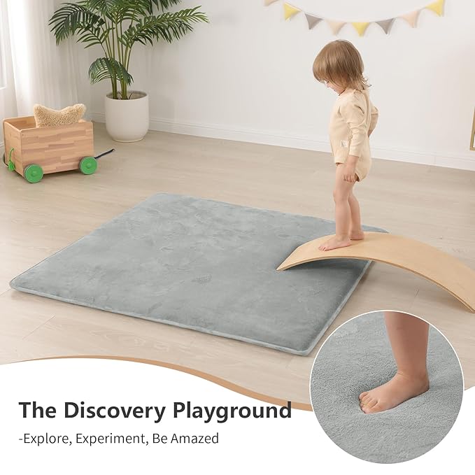 Baby Play Mat for Floor,1.3" Thick Elasti-Foam 50"×50" Playpen Mat for Tummy Time,Water Repellent Soft Coral Velvet for Toddler,Infant,Kids,Non-Slip Backing Safe for Crawling(Light Grey)