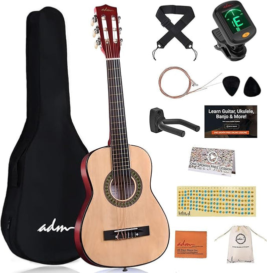 ADM Beginner Acoustic Classical Guitar 30 Inch Nylon Strings Wooden Guitar Bundle Kit for Kid Boy Girl Student Youth Guitarra Online Lessons with Gig Bag, Strap, Tuner, Extra String, Pick,Natural