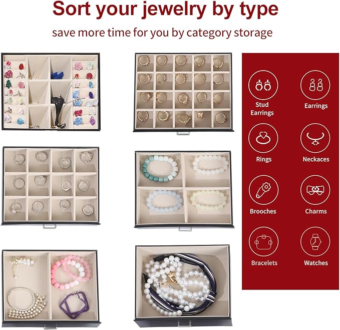 BOOVO Jewelry Box For women, 6 Layer Large Jewelry Organizer With Mirror, Multi-Function Storage Box With Lock, Accessory Holder With 5 Drawers, For Earrings Necklace Ring Bracelet (Black)