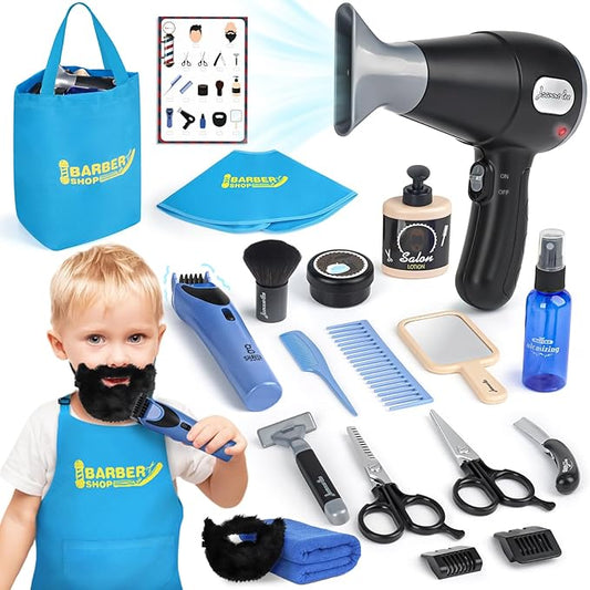 Barber Shop Pretend Play Toy, Kids Hair Salon Toys, Kids Shaving Kit for Boys Ages 3+ with Blow Dryer, Electric Shaver Toys, Tool Bag and Stylist Shave Barber Accessories for Role Play (Black)