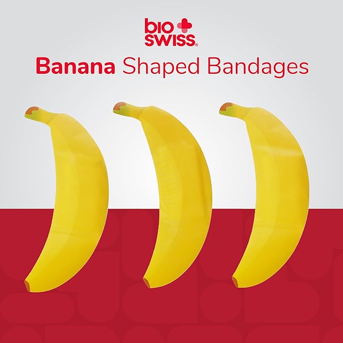 BioSwiss Bandages, Banana Shaped Self Adhesive Bandage, Latex Free Sterile Wound Care, Fun First Aid Kit Supplies for Kids, 50 Count