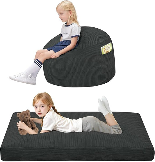 COMAX Bean Bag Chair for Kids 8-12, Toddler Beanbag Bed Corduroy, Convertible Child Bean Chair to Floor Mattress with Filler, Kid Reading Comfy Lounge Couch for Boys and Girls Bedroom, Dark Grey