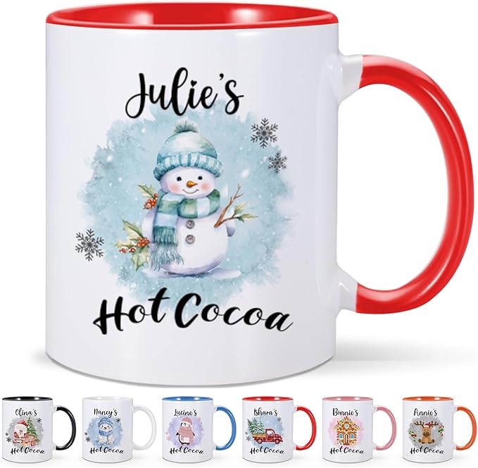 Custom Hot Cocoa Mugs Personalized Christmas Coffee Mugs with Name Customized Hot Chocolate Mug for Kids 11 oz Winter Holiday Cups Xmas Snowman Reindeer Mug Christmas Gifts for Family Boys Girls