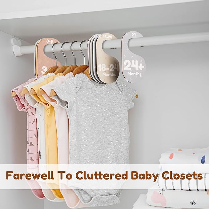 Baby Closet Dividers for Clothes Organizer - Set of 8 Adorable Wooden Double-Sided Baby Clothes Size Hanger Organizer from Newborn to 24+ Months for Nursery Beautiful Minimalist Decor