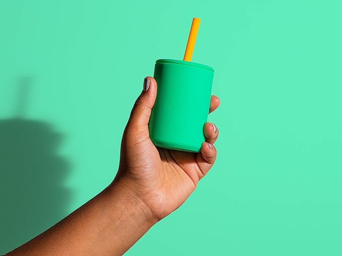 Avanchy Silicone Training Sippy Cup with Straw Lid – For Babies 6+ Months to Toddlers 1 Year Old – 8 oz Infant Water Cup for Baby Led Weaning, White + 5 Reusable Straws