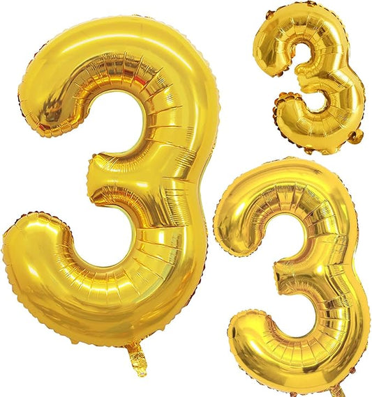 GOER Gold Foil Balloons Number 3,Huge Number Balloons for 3rd Birthday Party Supplies Anniversary Decorations(3 pcs,42 inch,32 inch,16inch)