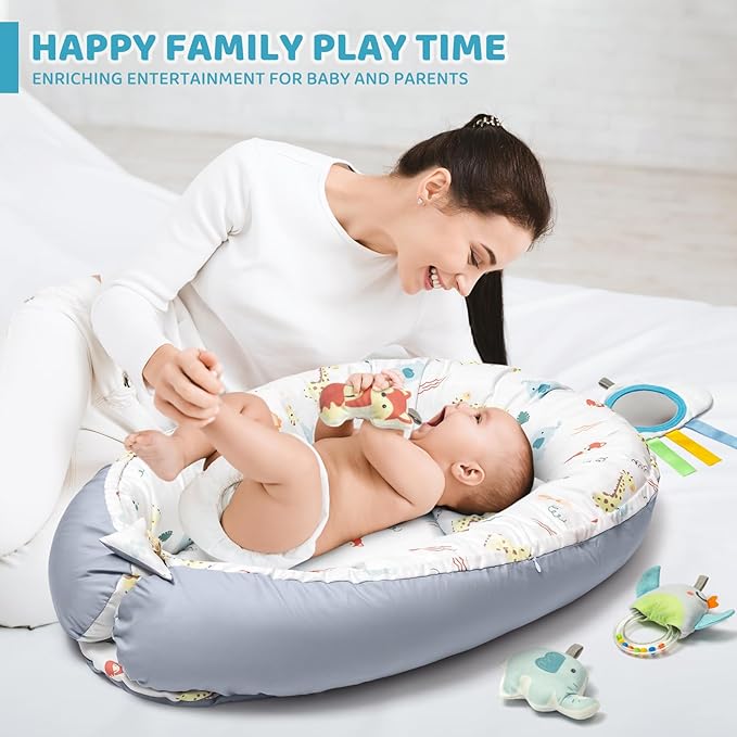 Baby Play Mat, 7-in-1 Tummy Time Activity Gym Mat, Washable Baby Lounger Nest, Portable Floor Seat for Home & Travel, Baby Essentials Gift for Infant Newborn 0-6-12-18 Months
