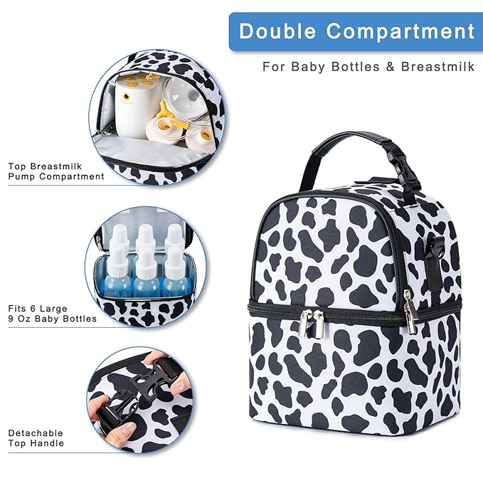 Breastmilk Cooler Bag with Ice Pack Fits 6 Baby Bottles up to 9 Ounce, Breast Milk Pump Cooler Bag with Shoulder Strap for Nursing Mom Daycare, Work, Travel