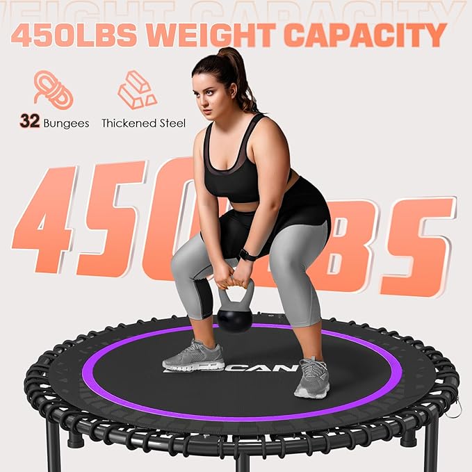 BCAN 40"/48" Mini Rebounder Trampoline for Adults with Bar, 450/550LBS Fitness Trampoline with Bungees, Adjustable Handle, Stable & Quiet, Indoor Outdoor, Whole-Body Workout & Relaxation at Home