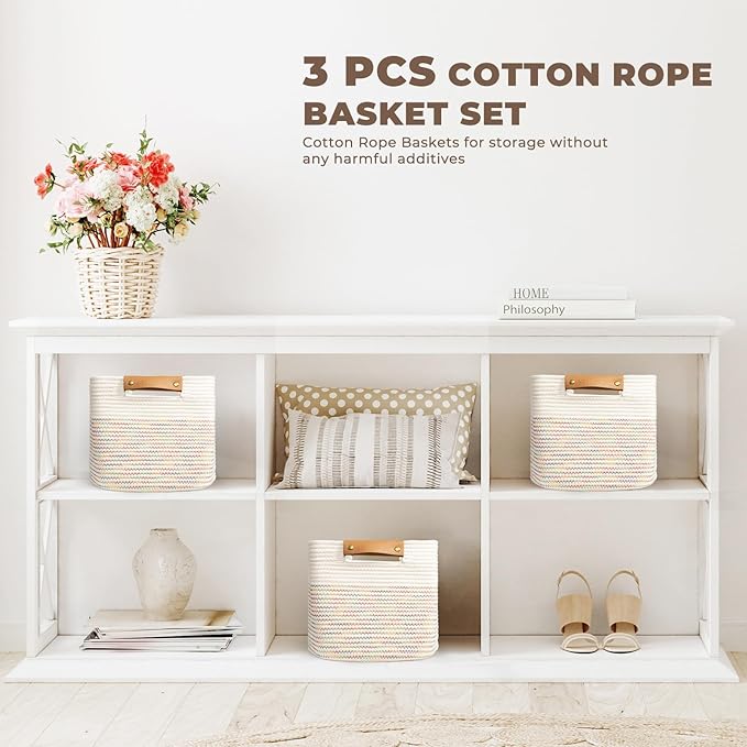 danpinera 11"x11" Storage Cubes, Soft Boho Storage Basket with Neat Stitching, 3-Pack Cube Storage Organizer, Woven Baskets for Storage in Living Room, Kids Room, Bedroom, Rainbow