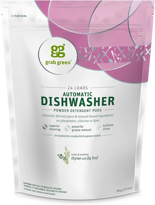 Grab Green Automatic Dishwashing Detergent Pods, 24 Count, Thyme Fig Leaf Scent, Plant and Mineral Based, Superior Cleaning, Powerful Grease Removal,