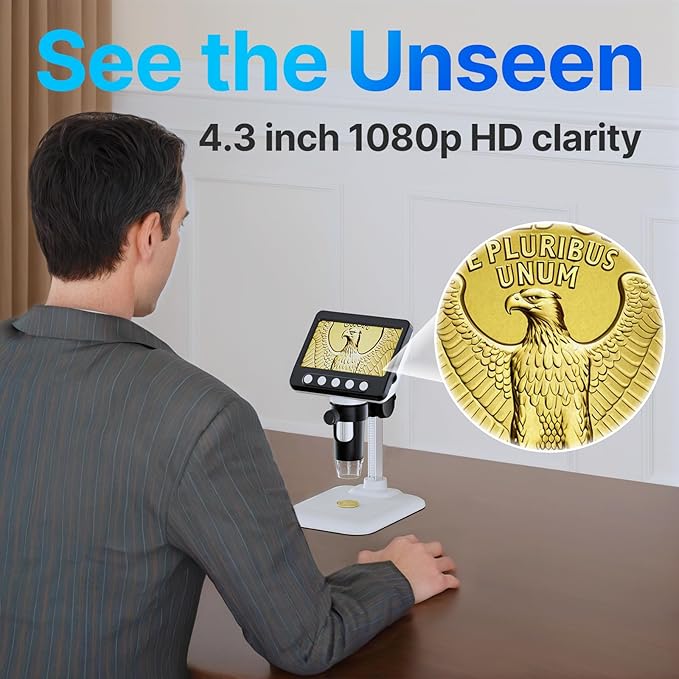 Coin Microscope for Error Coins, 4.3 inches 1080P LCD Digital Microscope, 50x-1000x Magnifier with 8 Adjustable LED Lights, PC View, Compatible with MacOS Windows for Adults Kids