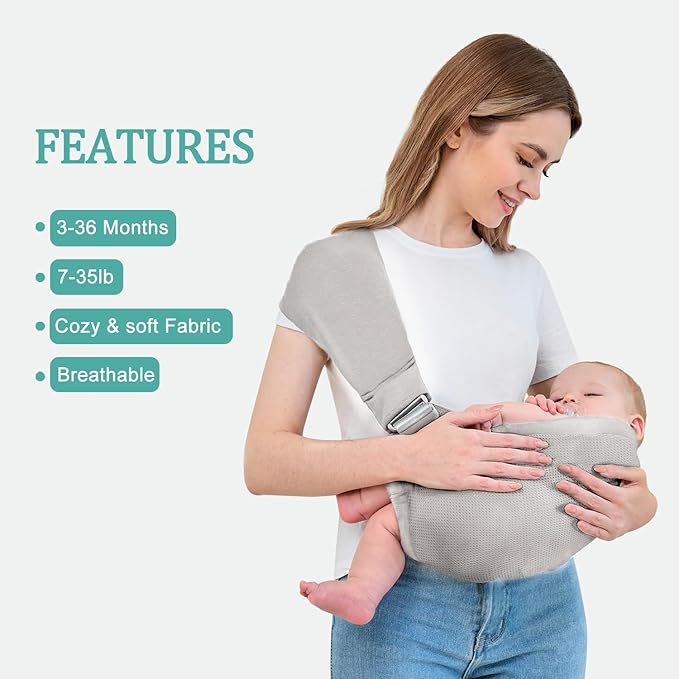 Baby Sling Carrier,Baby Carrier Newborn to Toddler,Toddler Carrier,Portable Lightweight & Spreadable Shoulder Straps (Light Grey)