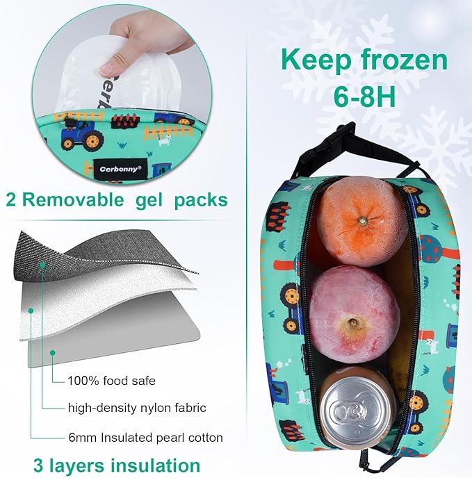 Cerbonny Small Cooler Bag Freezable Lunch Bag for Work School Travel,Small Lunch Bag,Small Insulated Bag For Kids/Adults,Freezer Lunch Bags,Mini Lunch Bag Fit For Yogurt,Suit for 3+(green vehicle)