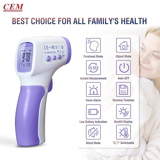 CEM DT-8806 Digital Thermometer for Adults and Kids, No Touch Forehead Thermometer for Baby, 2 in 1 Body Surface Mode Infrared Thermometer with Fever Alarm and Instant Accuracy Readings, Purple
