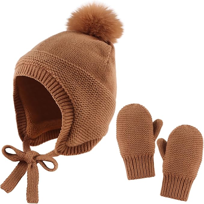 Basic Winter Baby Beanie Gloves Boys Girls Knitted Hat Pompom Kids Earflap Hats Warm Infant Toddler Beanie Mittens Set