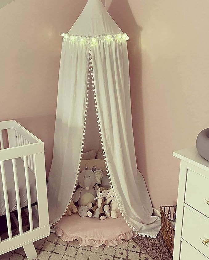 Bed Canopy with Pom Pom Cotton Canopy for Kids Crib Baby Girl Netting Cover Canopy Crib Curtain Reading Nook Hanging Tent Nursery Play Game Castle Room Decoration (White)