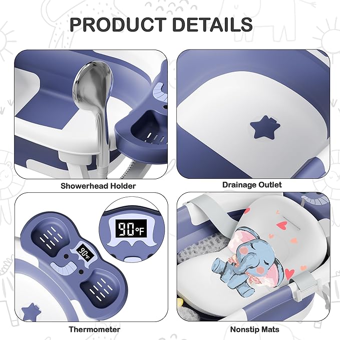 Collapsible Baby Bathtub,Baby Bath Tub with Soft Cushion & Thermometer,Baby Bathtub Newborn to Toddler 0-36 Months,Portable Travel Baby Tub