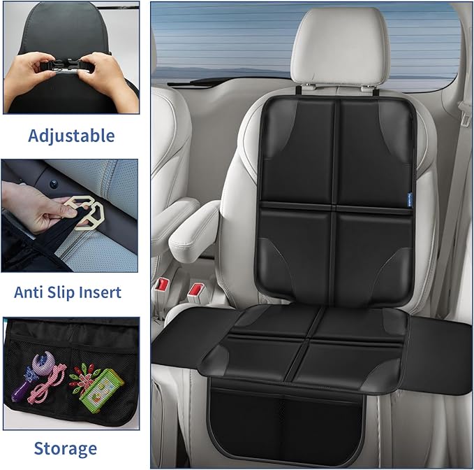 Car Seat Protector, Child Carseat Covers, Protector Car Seat for Baby with Thickest Padded and Non-Slip Waterproof Backing Mesh Pockets for Kids Pets-2 Pack