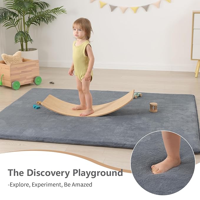 Baby Play Mat for Floor,Extra Large 79"×118" Tummy Time Mat,Thicker Memory Foam Mat for Toddler,Infant,Kids,Water Repellent Ultra Soft Coral Velvet,Non-Slip Backing Safe for Crawling(Dark Grey)