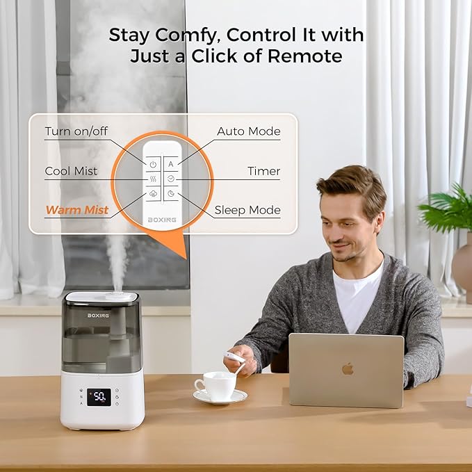 BOXING Warm and Cool Mist Humidifiers for Bedroom Large Room Home, Air Humidifier with Remote, Top Fill Ultrasonic Diffuser Humidifier with humidistat,Quiet Sleep Bedside Nightstand,Timer,Filter,4.5L