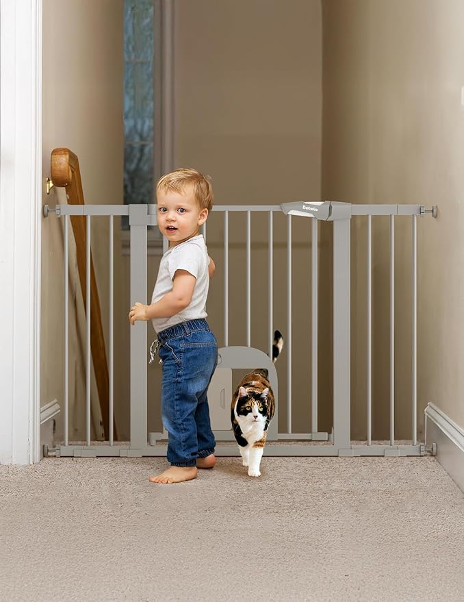 Babelio 29-48" Extra Wide Baby Gate with Adjustable Cat Door,Easy Install Pressure/Hardware Mounted,Auto Close Pet door for Stairs,House,Doorways,Effortless Walk Thru,Gray