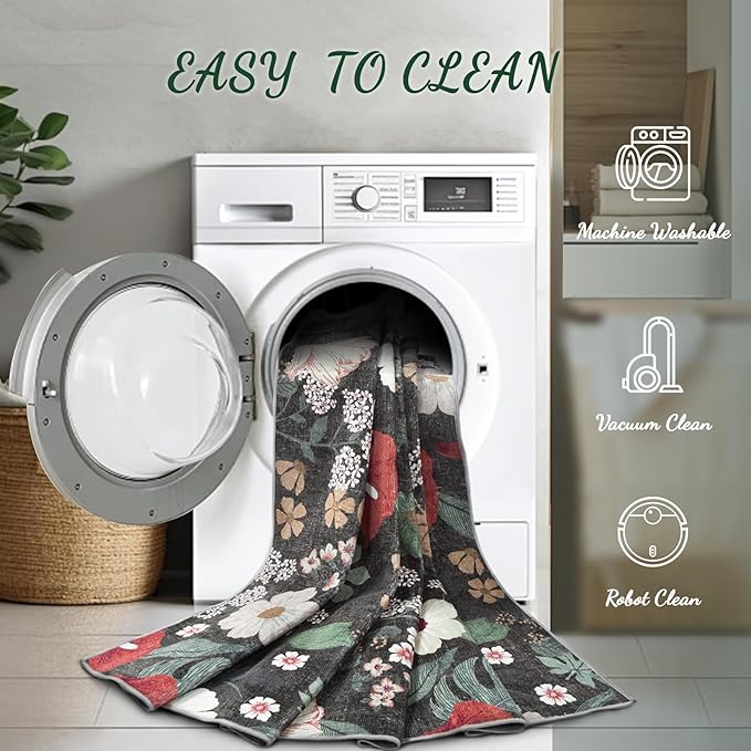 Area Rug Living Room Rugs: 6x9 Washable Rug Vintage Floral Soft Boho Non Slip Carpet Indoor Floor Non Shedding Low Pile Thin Carpets for Bedroom Dining Room Farmhouse Nursery Home Office Green