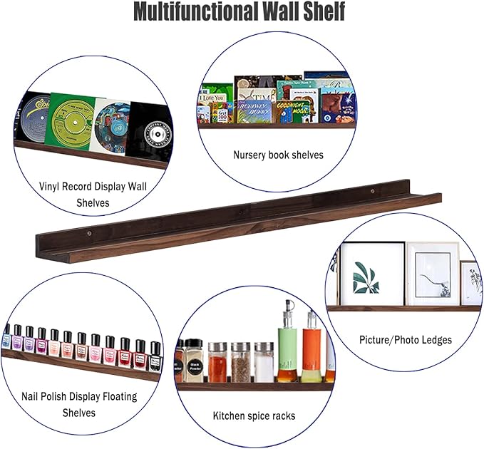 AZSKY Deep Walnut Floating Shelves Large Long Wall Storage Shelves Dark Walnut 48 Inch Wall Mount Hanging Picture Ledge Wall Decor for Bedroom Living Room Bathroom Kitchen Storage a Set of 3