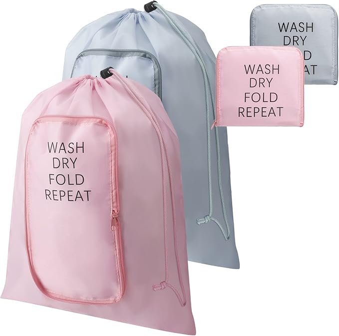 Boao 2 Pcs Travel Laundry Bag Washable Dirty Clothes Bag with Drawstring and Zipper for Suitcase, 22 x 18 Inch (Pink, Gray,Classic)