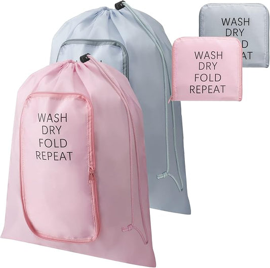 Boao 2 Pcs Travel Laundry Bag Washable Dirty Clothes Bag with Drawstring and Zipper for Suitcase, 22 x 18 Inch (Pink, Gray,Classic)