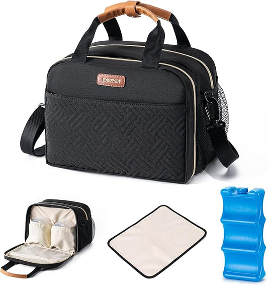 Breastmilk Cooler Bag with Ice Pack Fits 6 Baby Bottles Up to 9 Ounce, Compatible with Wearable Breast Pumps & Accessories-Black