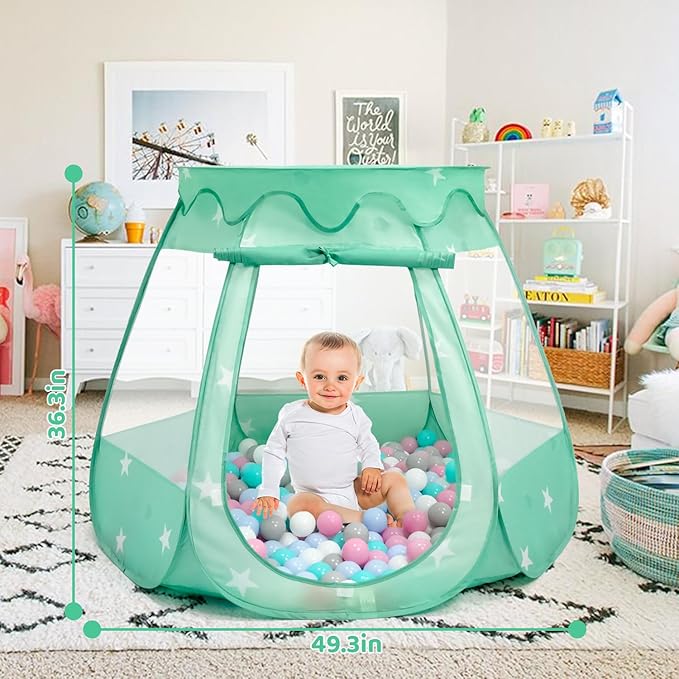 Baby Ball Pit for Toddler with 50 Balls, Pop Up Tent Kids with Star Lights for 1 2 3 Year Old Birthday Gift, 12-18 Months Baby Girl Toys with Carrying Bag, Indoor&Outdoor Play Tent for Kids(Green)