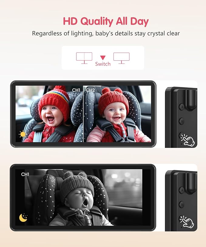 BM5PRO Double Car Camera for 2 Baby，7.2" 1080P Split Screen with IR Night Vision, Real-Time Monitoring Baby Car Camera,Easy Install, Family Travel Companion for Kids & Pets