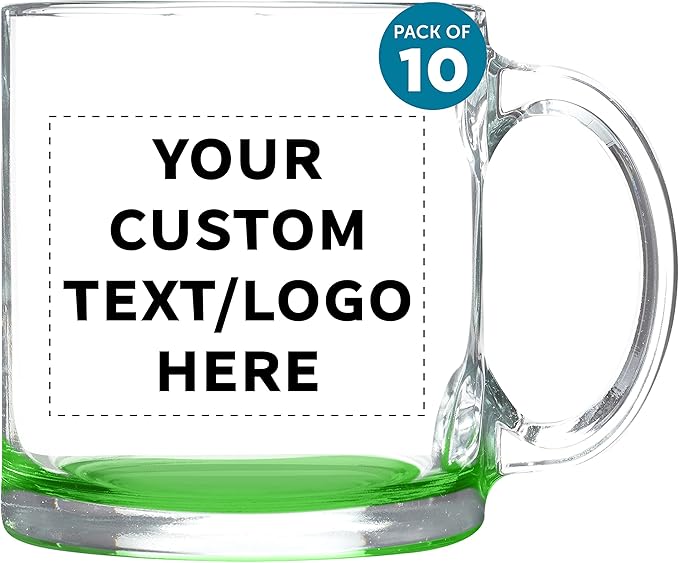 Custom Libbey Clear Glass Coffee Mugs 13 oz. Set of 10, Personalized Bulk Pack - Perfect for Coffee, Tea, Espresso, Hot Cocoa, Other Beverages - Green Bottom