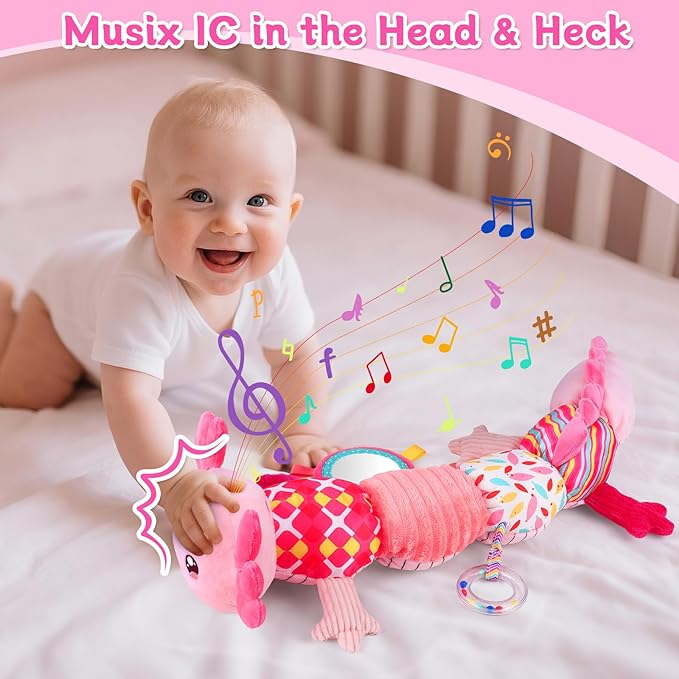 Baby Girls Toys 0-6 6-12 Months,Sensory Axolotl Caterpillar Toys Baby Rattles Musical Tummy Time Toys for 0 3 6 9 12 Months Stuffed Plush with Crinkle, Mirror,Teether for Infant Newborn Shower Gifts