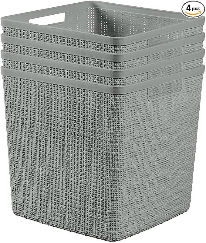 Curver Set of 4 Jute Large Cube Decorative Plastic Organization and Storage Baskets, Perfect Bins for Home Office, Closet Shelves, Kitchen Pantry and All Bedroom Essentials, Grey