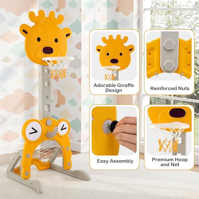 Costzon Toddler Basketball Hoop, 4-in-1 Kids Sports Activity Center with Rim, Soccer Goal, Golf, Ring Toss, Height Adjustable Kids Basketball Hoop with Fillable Base for Indoor Outdoor (Yellow Deer)