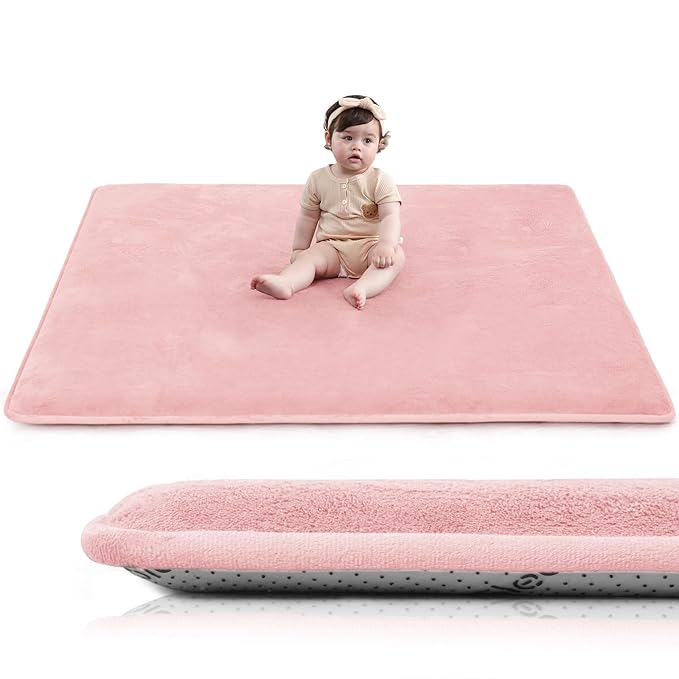 Baby Play Mat for Floor,1.3" Thick Elasti-Foam 50"×50" Playpen Mat for Tummy Time,Water Repellent Soft Coral Velvet for Toddler,Infant,Kids,Non-Slip Backing Safe for Crawling(Pink)