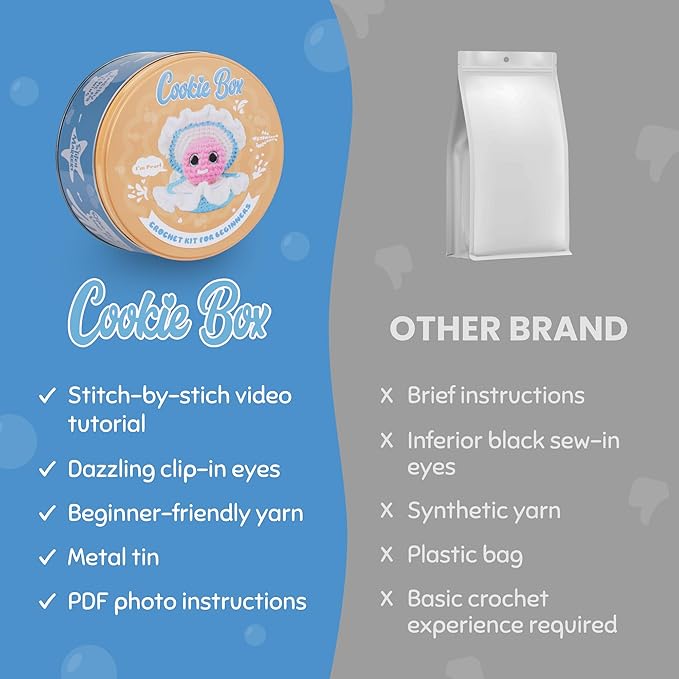 Cookie Box Crochet Kit for Beginners - Learn to Craft Amigurumi Stuffed Animals - Knitting Gift for Kids and Adults - Beginner-Friendly Yarn - Stitch-by-Stitch Video Tutorial - Oyster Pearl