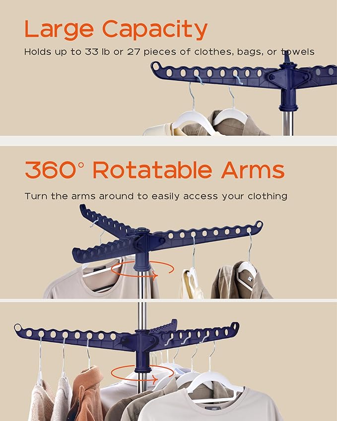 Clothes Drying Rack Foldable, 74.8 inch 2 Tier Laundry Drying Rack with Rotating Clothes Rail for 54 Pieces of Clothes, Space Saving, Indoor, Stainless Steel, Blue and Silver CDR002Q01