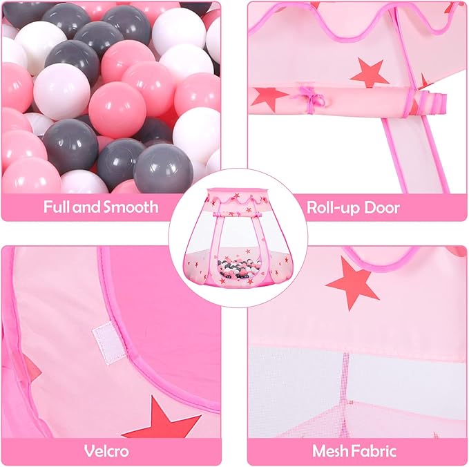Baby Ball Pit for Toddler with 50 Balls, Kids Pop Up Play Tent for Girls, Princess Toys for Children Indoor & Outdoor Playhouse with Carry Bag (Pink: Pink/White/Gray, 109x90cm/50 Balls)