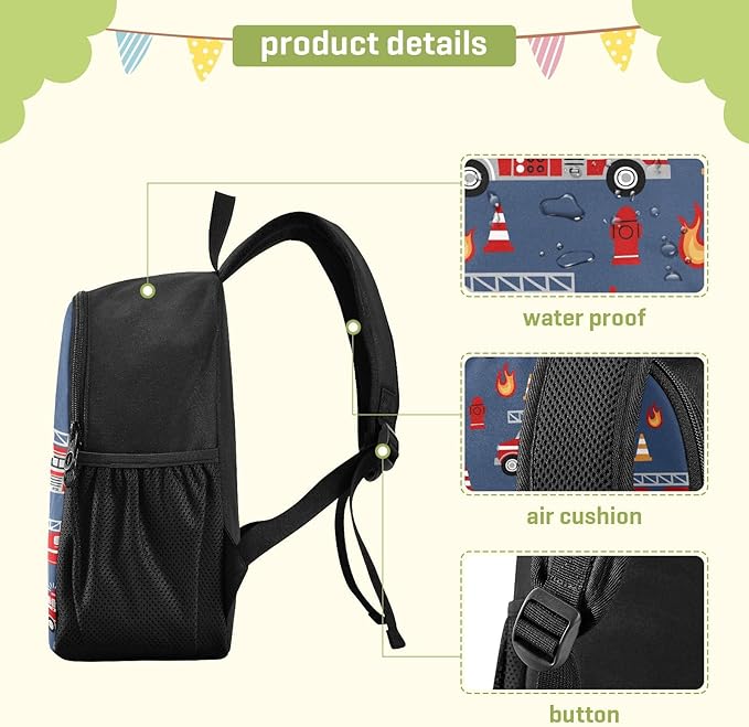 Cartoon Fire Trucks Toddler Backpack Waterproof Mini Backpack Boys/Girls Cute Small Backpack Kindergarten Pre School Bags 13 Inch