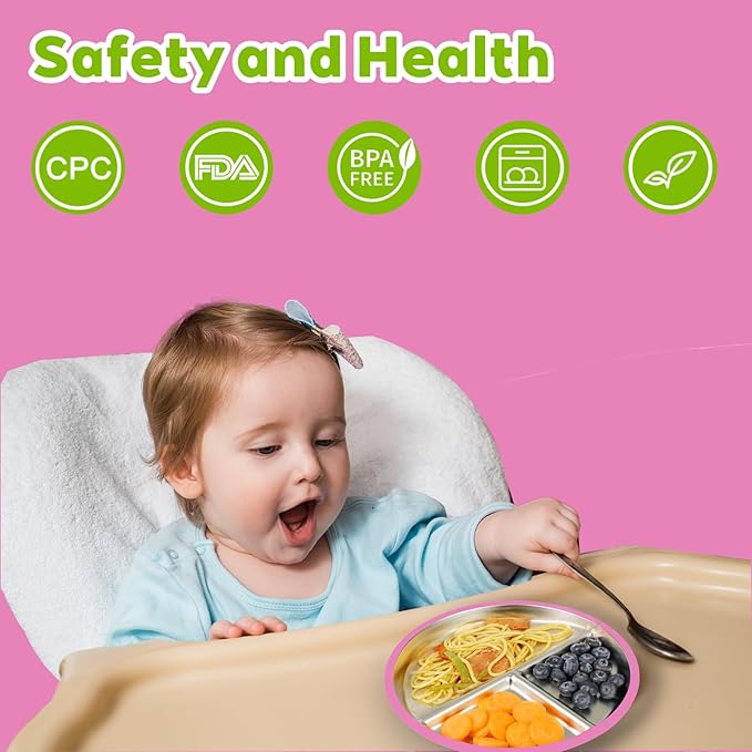 3-Pack Stainless Steel Baby Plates with Suction, BPA-Free Stainless Steel Kids Plates, 9" Divided Toddler Plate for Dishwasher Safe, Non-Slip Silicone Base, Detachable (Pink, Gray, Purple)