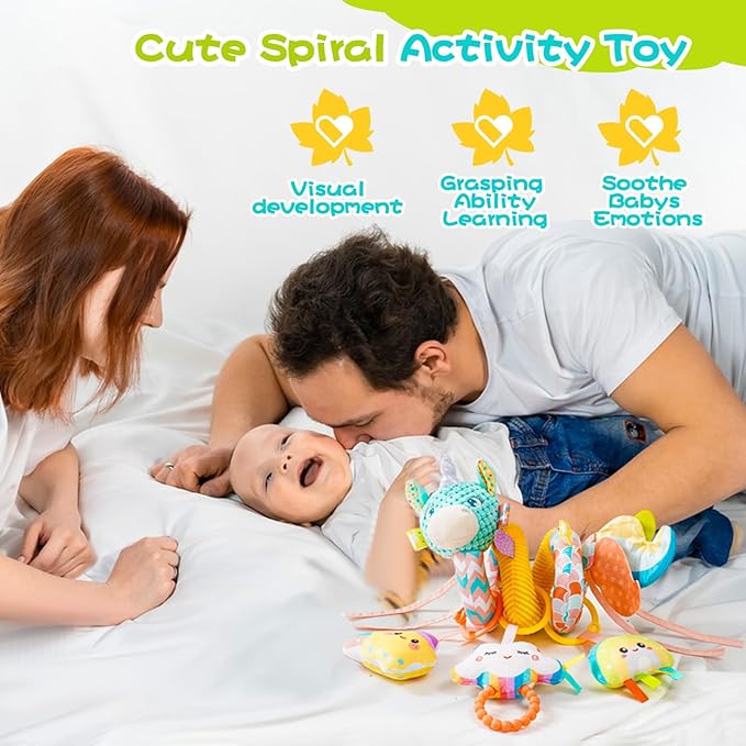 Car Seat Toys for Babies 0-6 Months, Hanging Spiral Stroller Toys, Infant Newborn Brain Development With Music Crinkle Teether Rattle for Baby Boy Girl 0-3-12 Months
