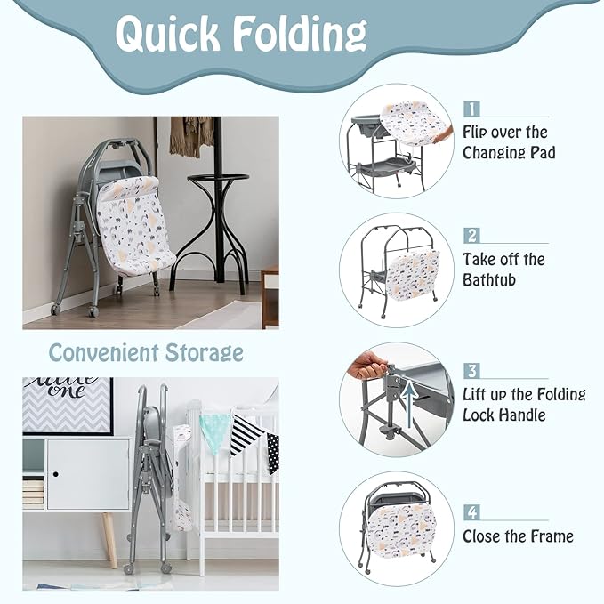 BABY JOY Baby Bathtub with Changing Table, Foldable Infant Diaper Changing Station with Storage Tray, Waterproof Pad, Portable Newborn Nursery Organizer Bath Stand with 4 Universal Wheels (Gray)