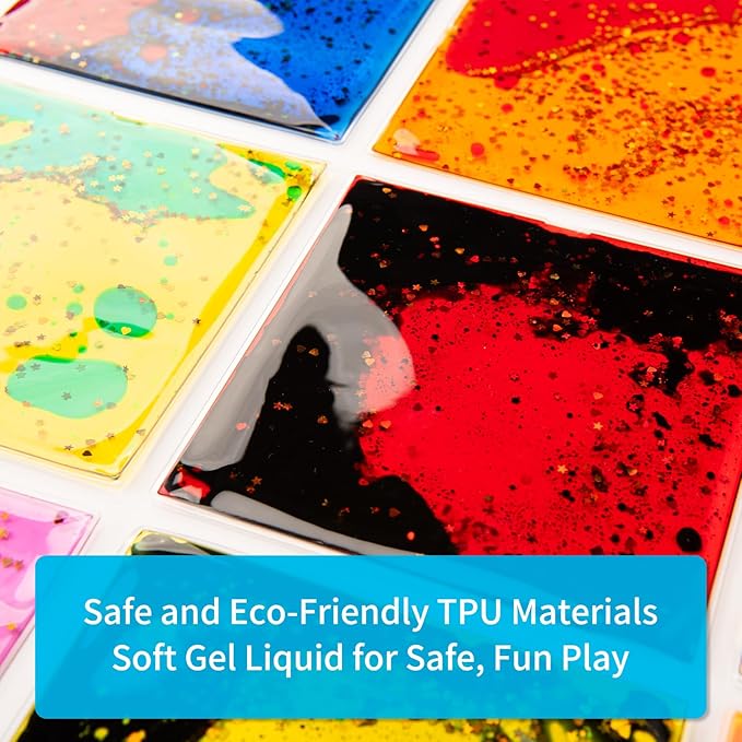 Art3d 6”x6” Square Sensory Fidget Liquid Motion Tiles for Kids, Toddler, Teens - Interactive Soft Gel Liquid Play Mats for Home, Schools, Playrooms, Multi-Pack of 12 Tiles