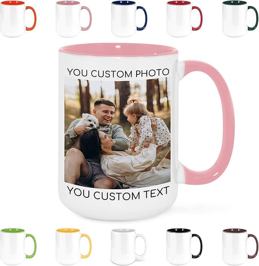 Custom Mug Upload Your Picture Personalized Coffee Mug with Photo Text Name Customized Cup Unique Ideas Gifts for Men Women Mom Dad Girlfriend Boyfriend Friend Family (Pink, 15oz)